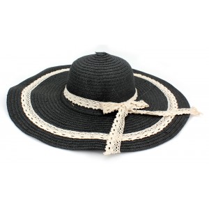 Hats – 12 PCS Wide Brim Hat -Straw Hat- Paper Straw Hat w/ Lace Band - Black - HT-ST1151BK